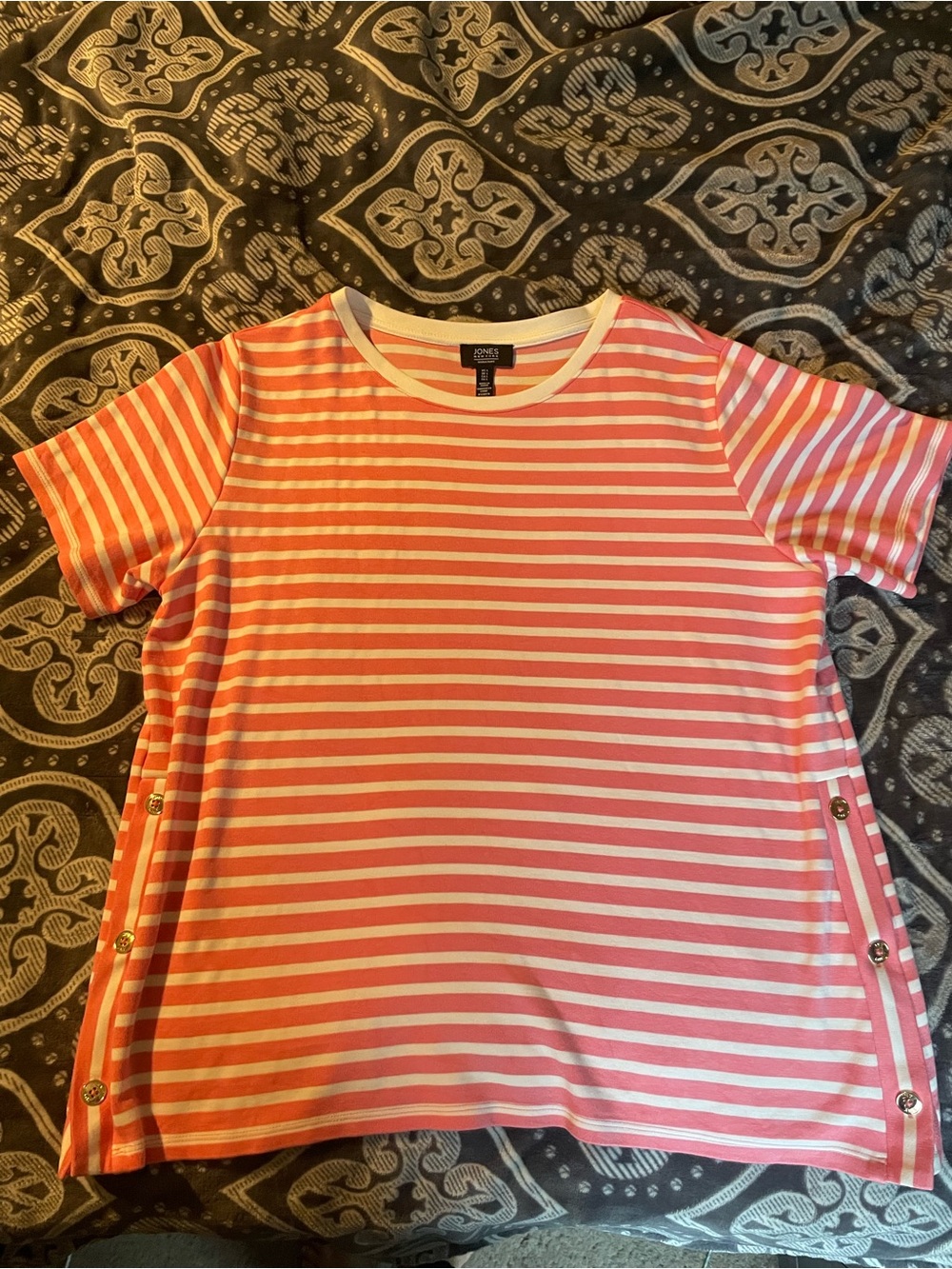 Jones New York Coral and White Striped Short Sleeve Button Accent Top